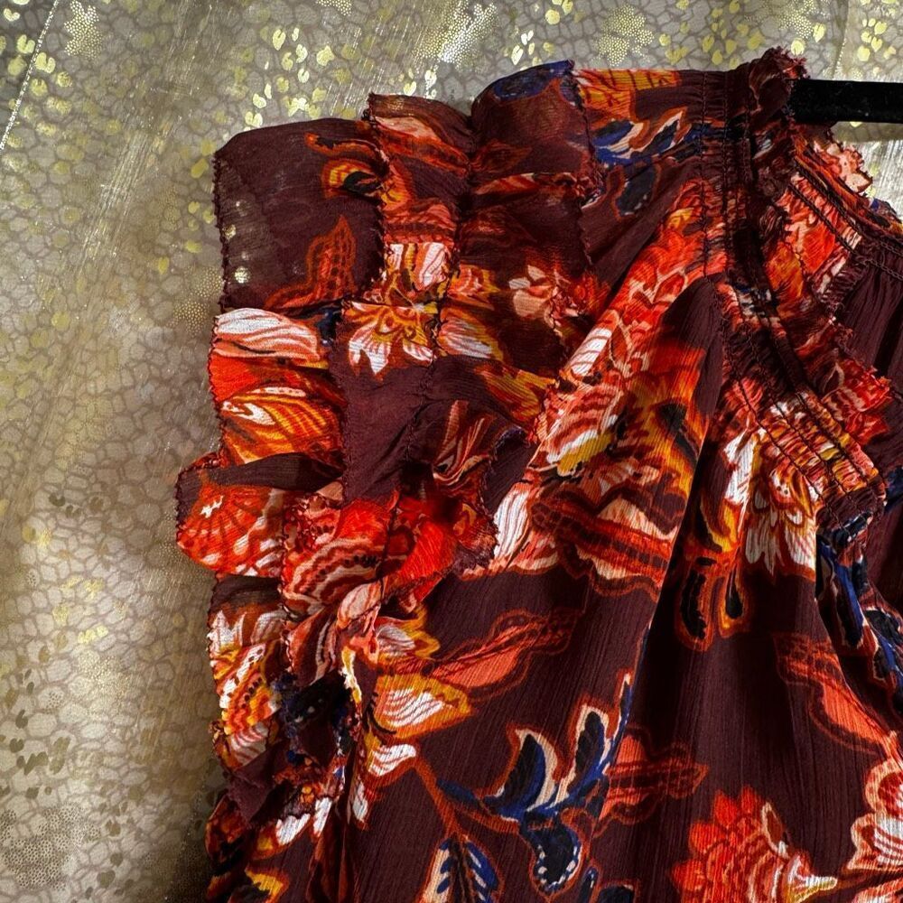 Old Navy Red Orange‎ Boho Paisley Floral Ruffle Sleeve Blouse Medium - Picture 5 of 8
